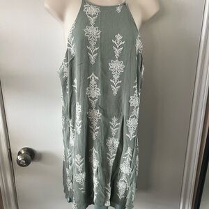 Green Halter Dress with White Floral Embroidery